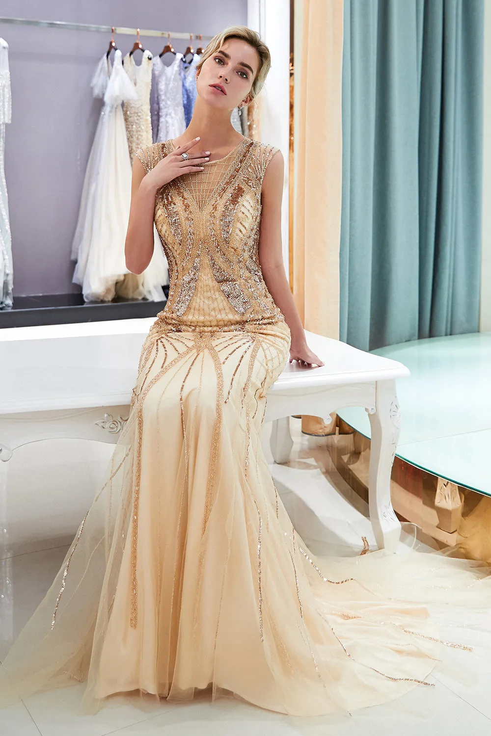 Champagne Long Mermaid Jewel Beading Sequins Evening Dresses