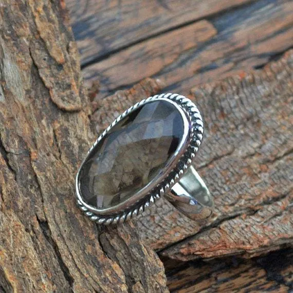 Checker Cut Smoky Quartz Ring - 925 Sterling Silver Ring -Designer Smoky Ring Jewelry, Oval Shape Stone, Nickel Free Ring