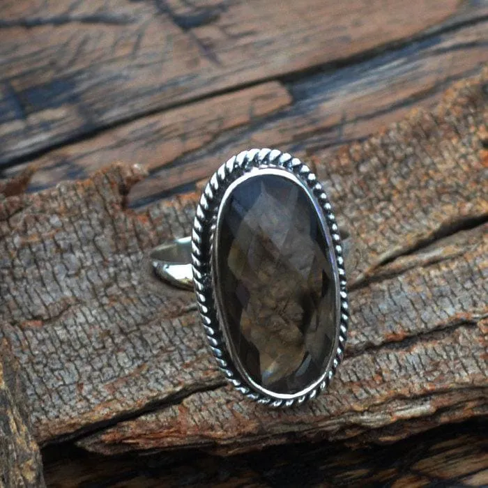 Checker Cut Smoky Quartz Ring - 925 Sterling Silver Ring -Designer Smoky Ring Jewelry, Oval Shape Stone, Nickel Free Ring