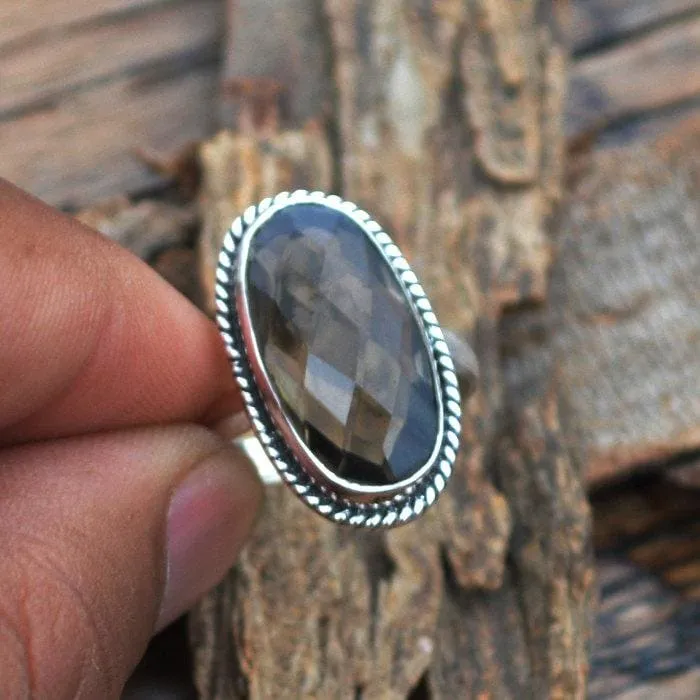 Checker Cut Smoky Quartz Ring - 925 Sterling Silver Ring -Designer Smoky Ring Jewelry, Oval Shape Stone, Nickel Free Ring