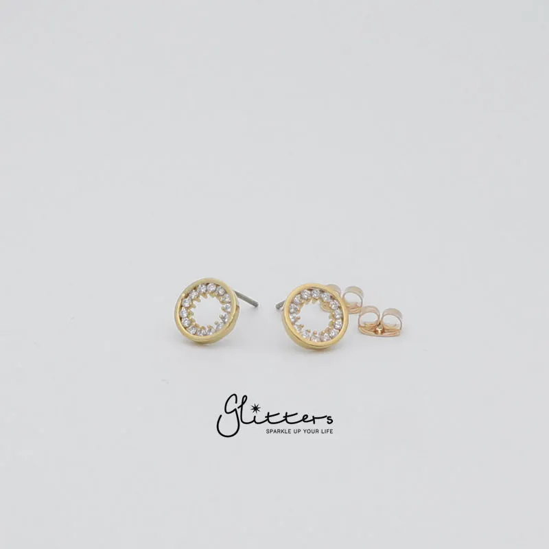 Circle Hollow Micro Cubic Zirconia Stud Earrings with Sterling Silver Post