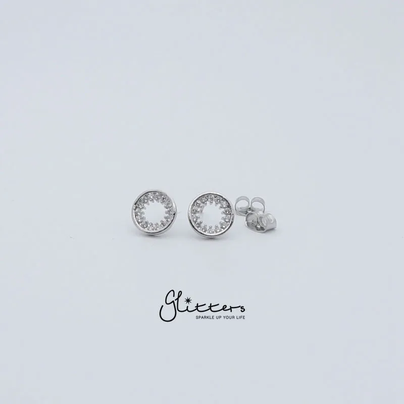 Circle Hollow Micro Cubic Zirconia Stud Earrings with Sterling Silver Post