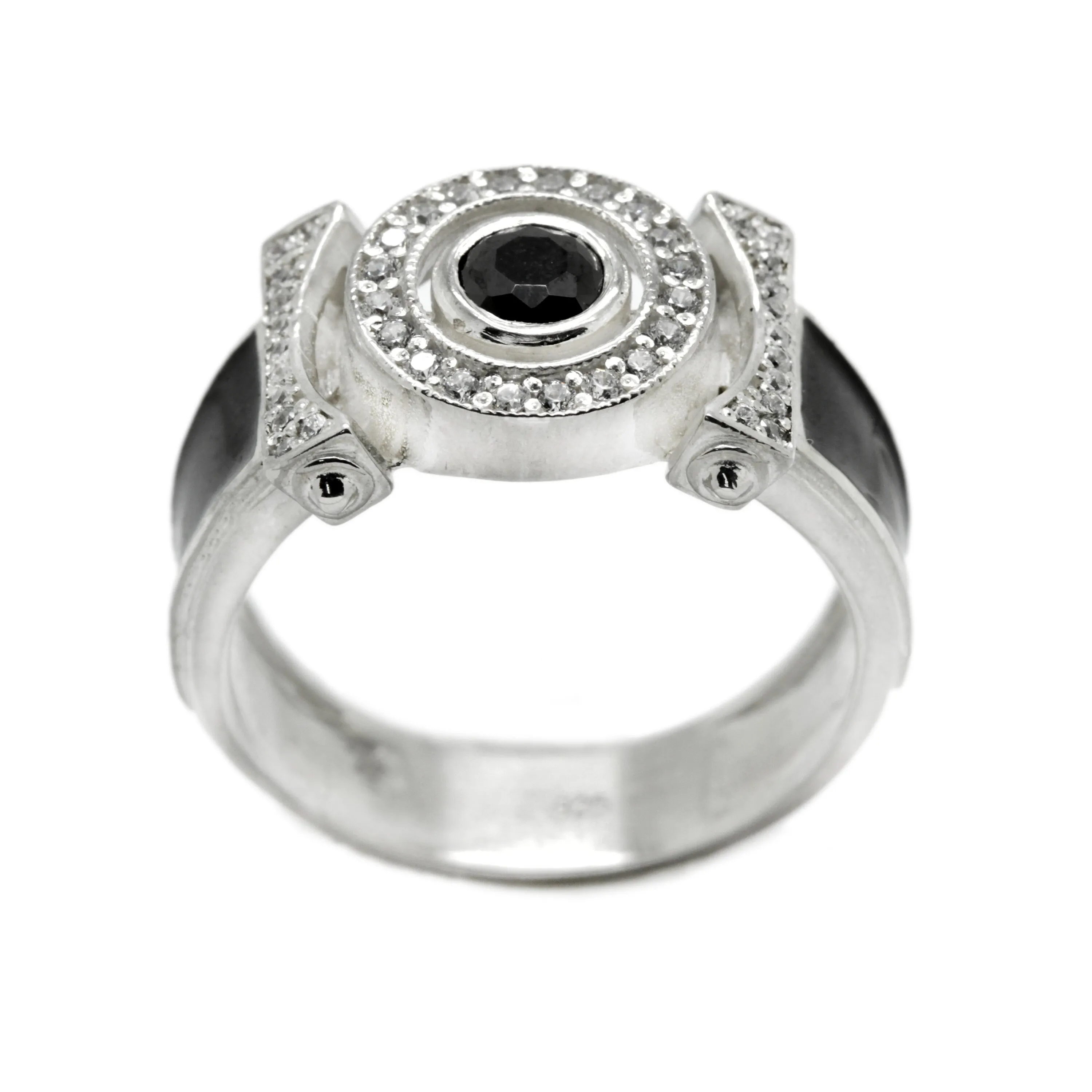 Classic Unisex Silver 925 Ring with Zircons and Black Enamel