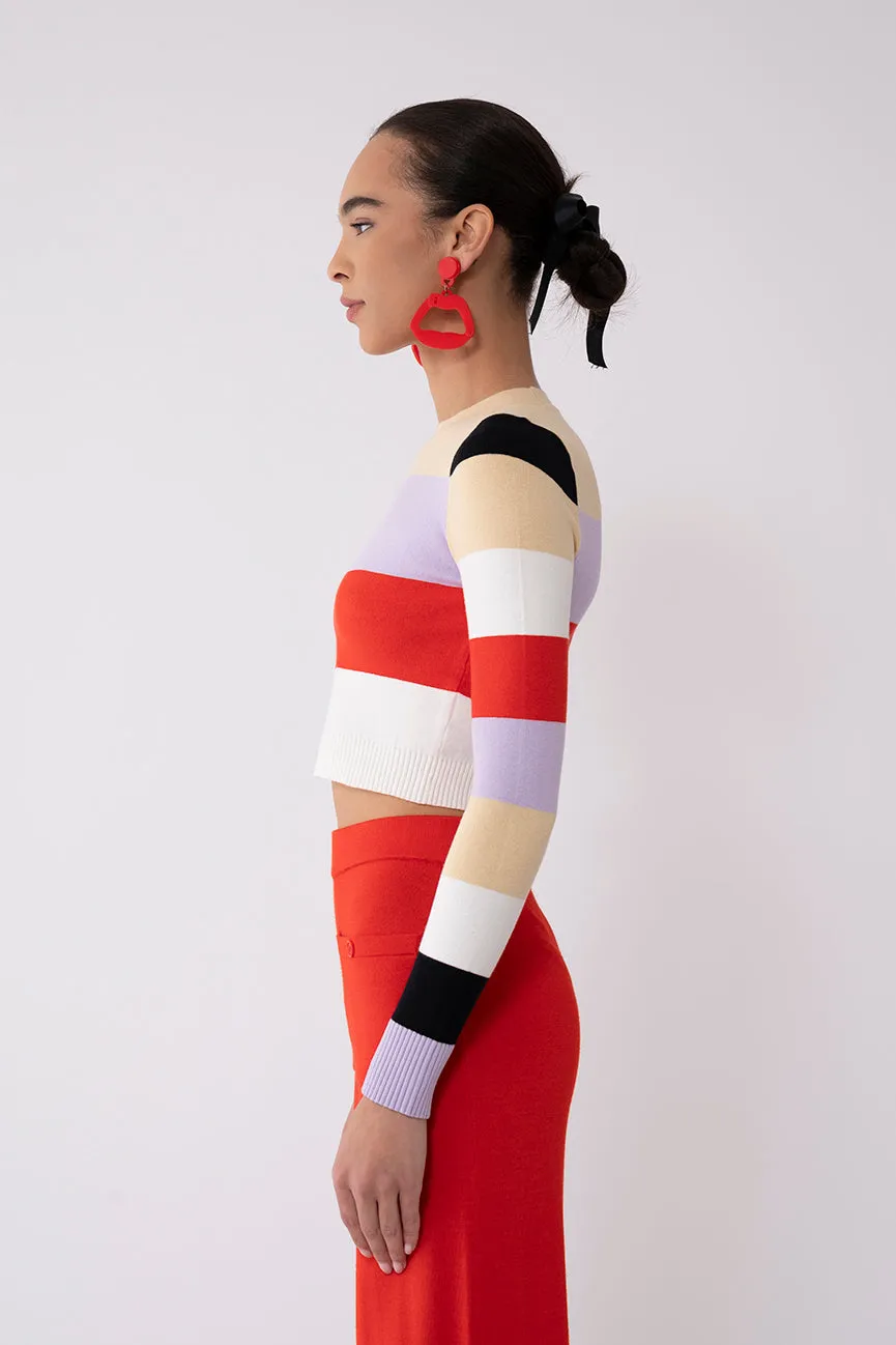 Color Block Peachskin Long Sleeve Crop Crew Neck