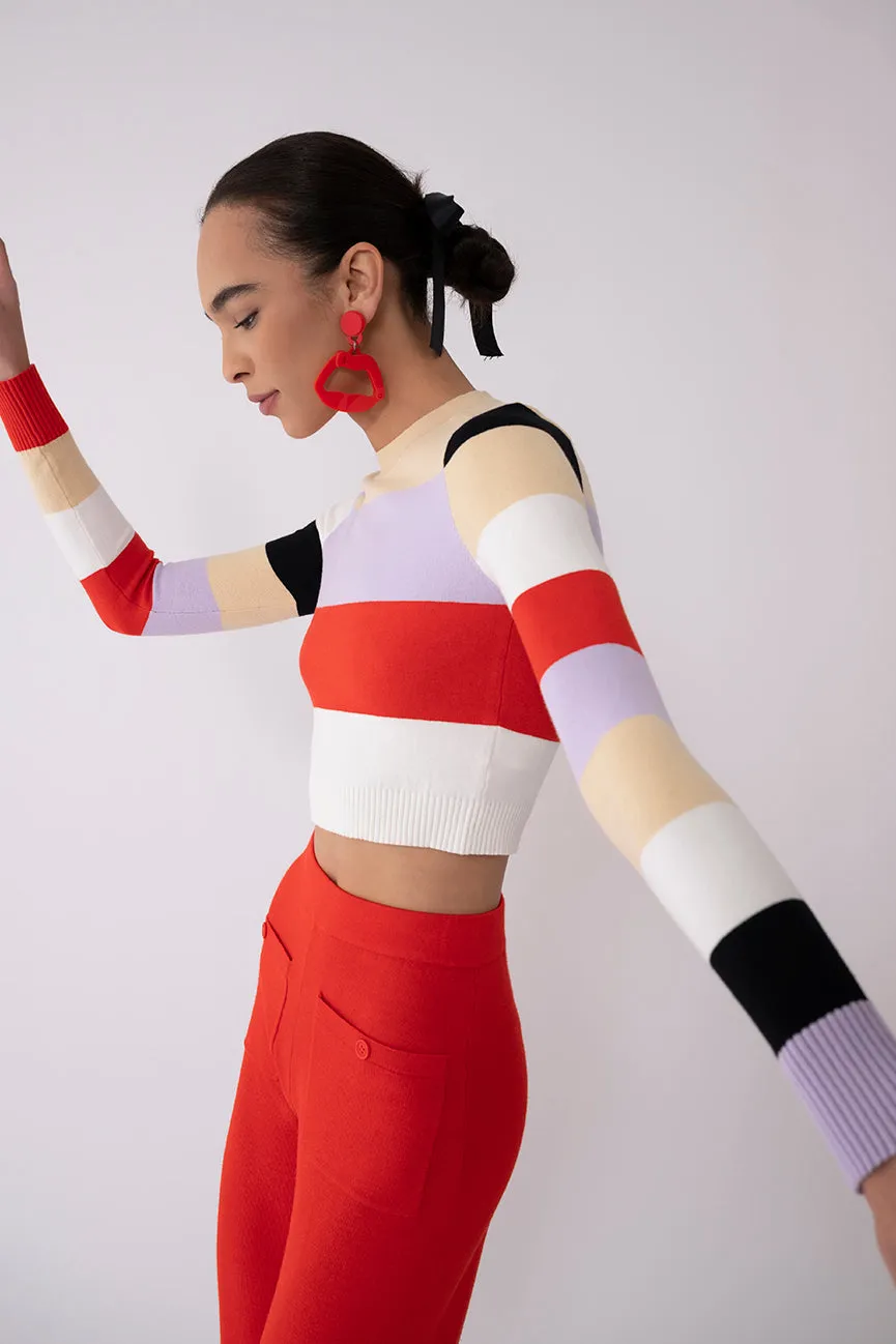 Color Block Peachskin Long Sleeve Crop Crew Neck