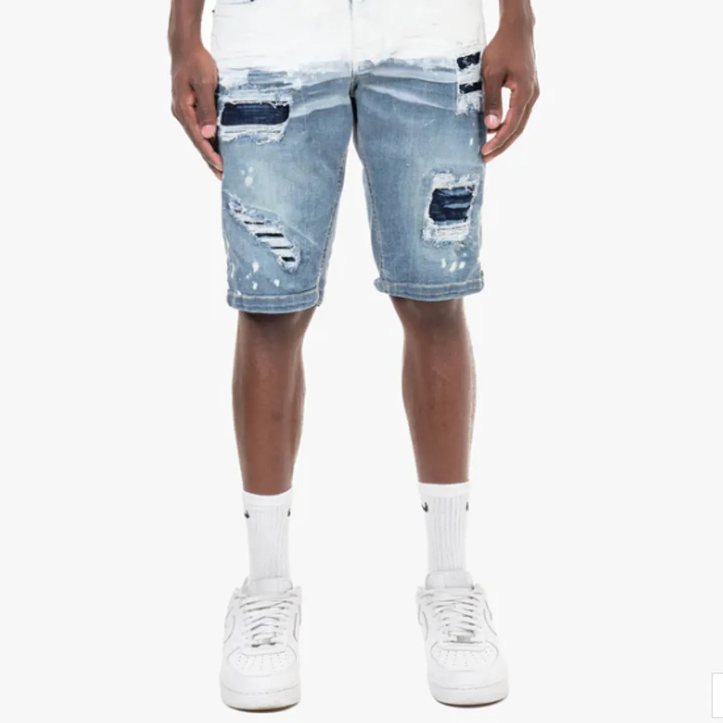 Copper Rivet Ripped Washed Jean Short (Light Sand Blue)