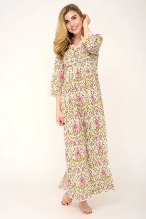 Cotton Annabel Maxi Dress in Pink & Green Summer Garden