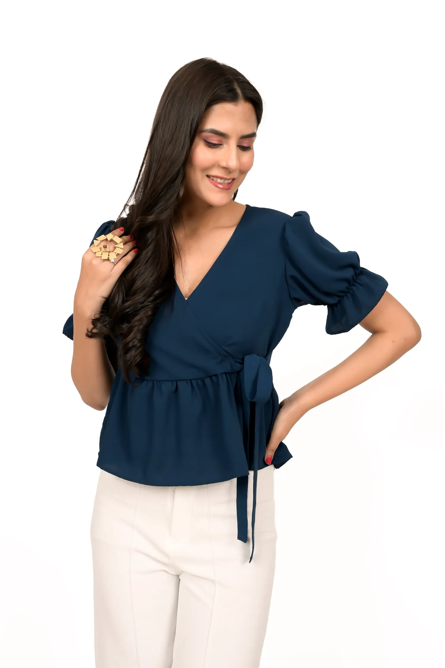 Deep Blue Wraparound Bow Top