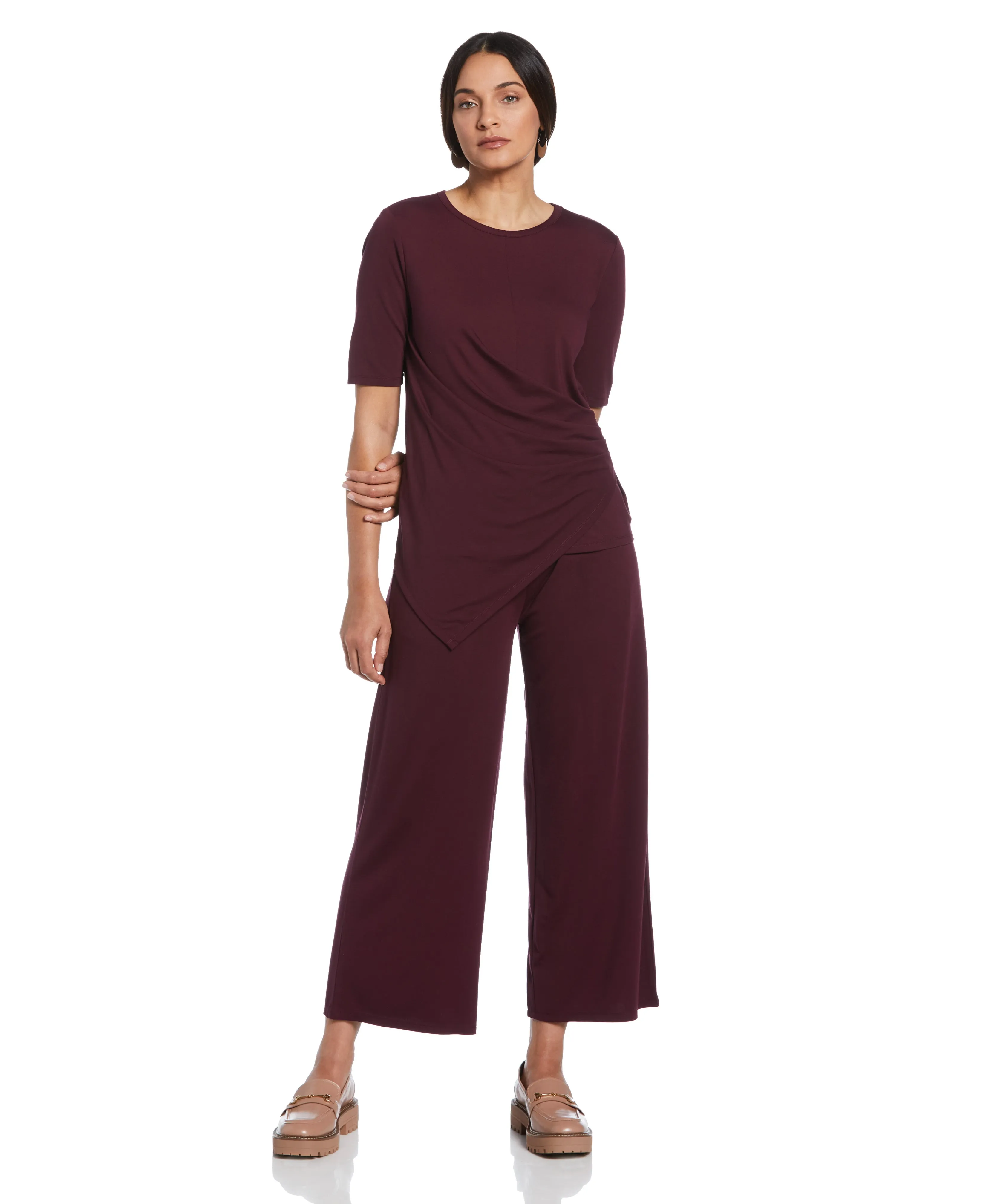 Drape Front Knit Elbow Sleeve Top