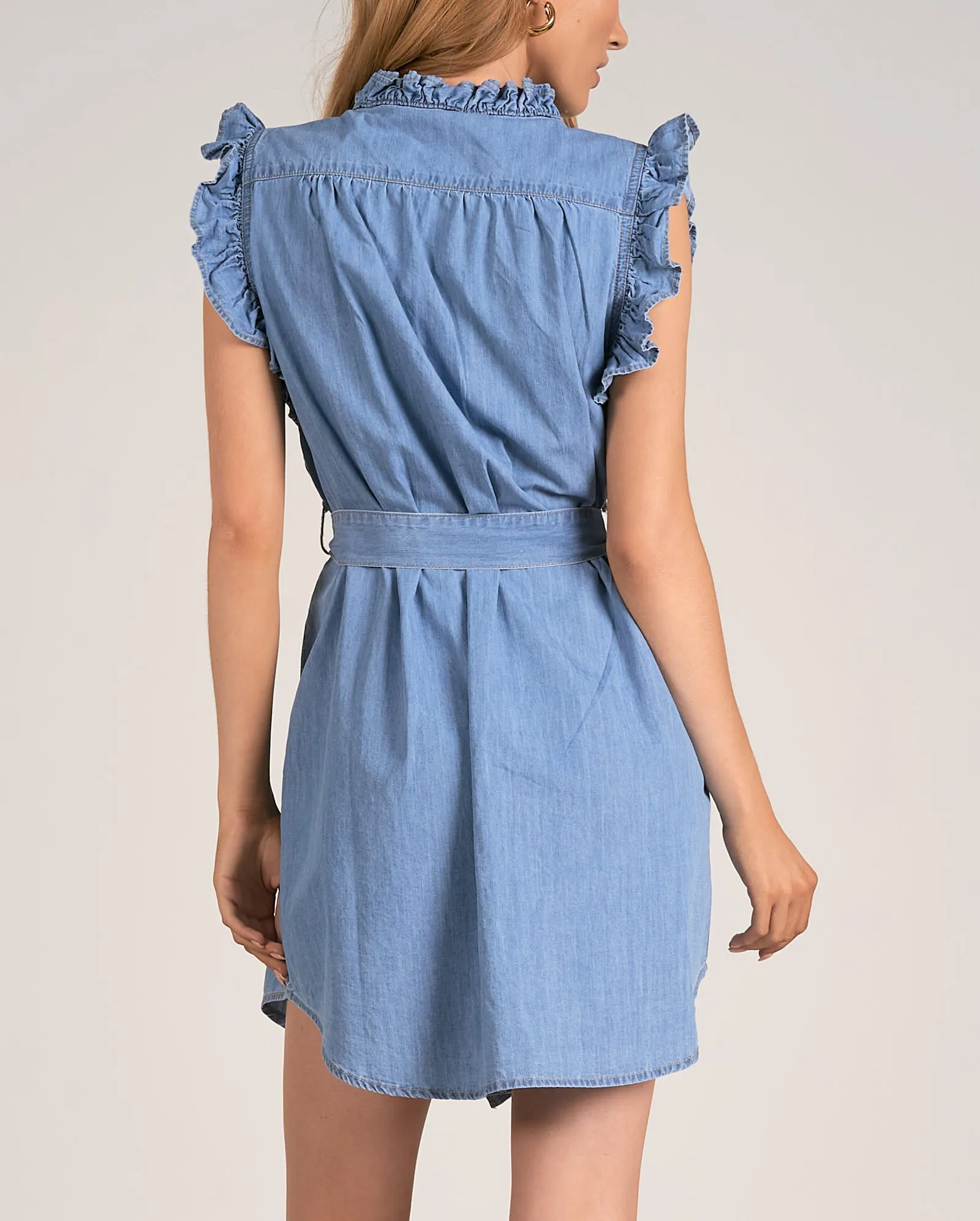 Elan Ruffle Sleeve Denim Dress