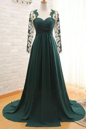 Elegant Long Sleeve Green Chiffon Long Appliqued Prom Dresses Open Back Party Dresses