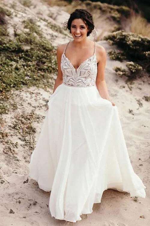 Elegant Spaghetti Straps V Neck Chiffon Backless Beach Wedding Dresses Bridal Gowns STK14976