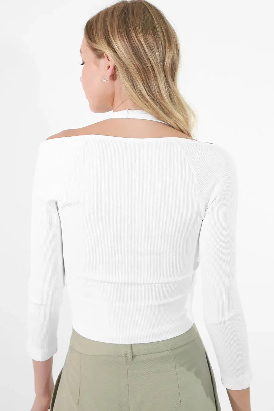 Emilia 3/4 Sleeve Ribbed Halter Crop Top