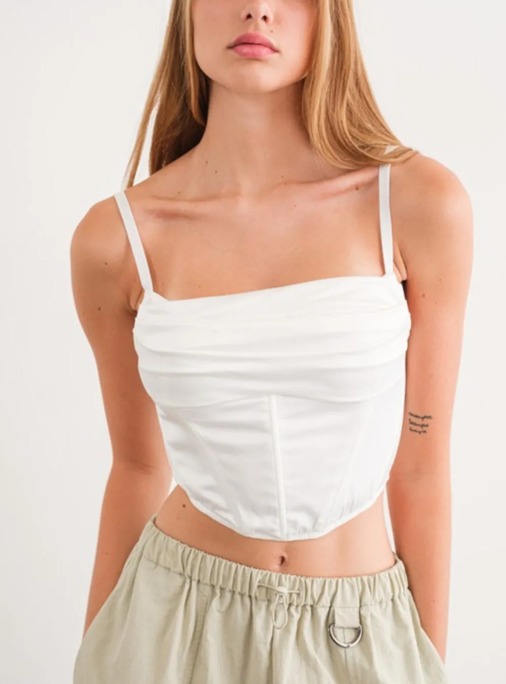 Esmeralda satin cowl corset white crop top