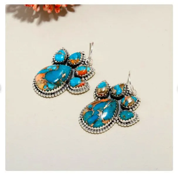 Exquisite Oyster Copper Turquoise Dangle Gemstone 925 Sterling Silver Earrings