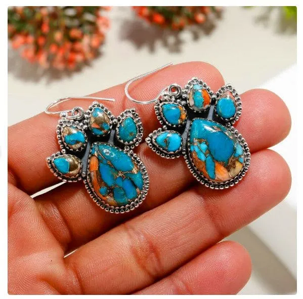 Exquisite Oyster Copper Turquoise Dangle Gemstone 925 Sterling Silver Earrings