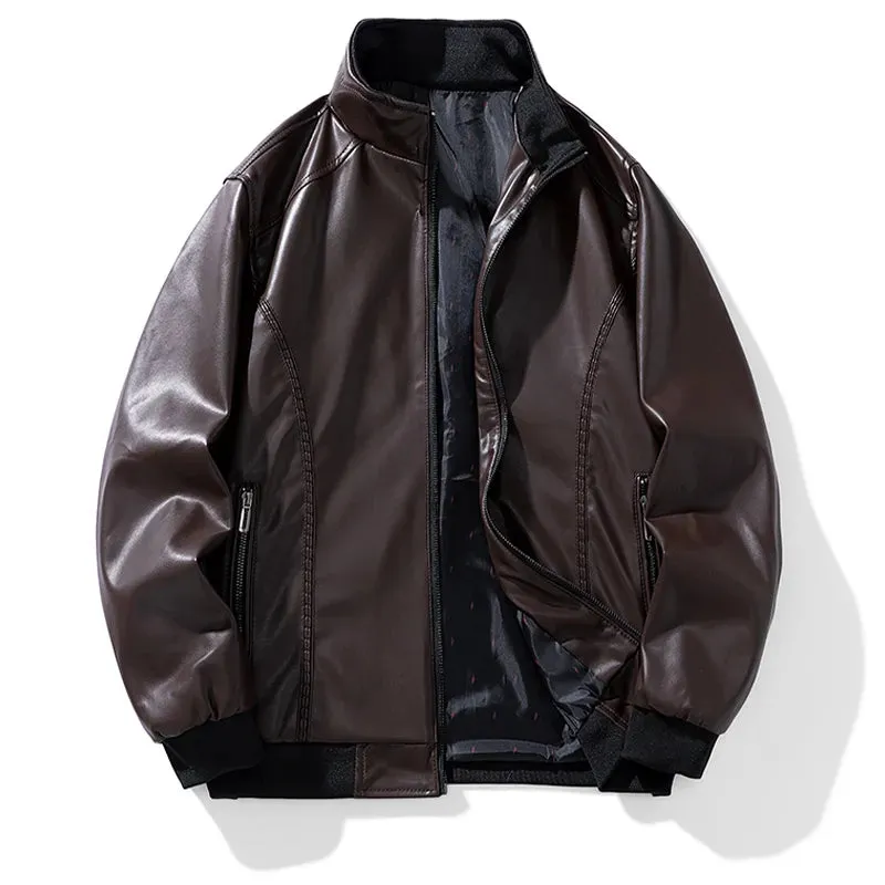 Foesce -Men Fashion Spring Windproof Stand Collar Leather Jackets Men Autumn Outdoor Comfortable Solid Color Motorcycle Jacket Men