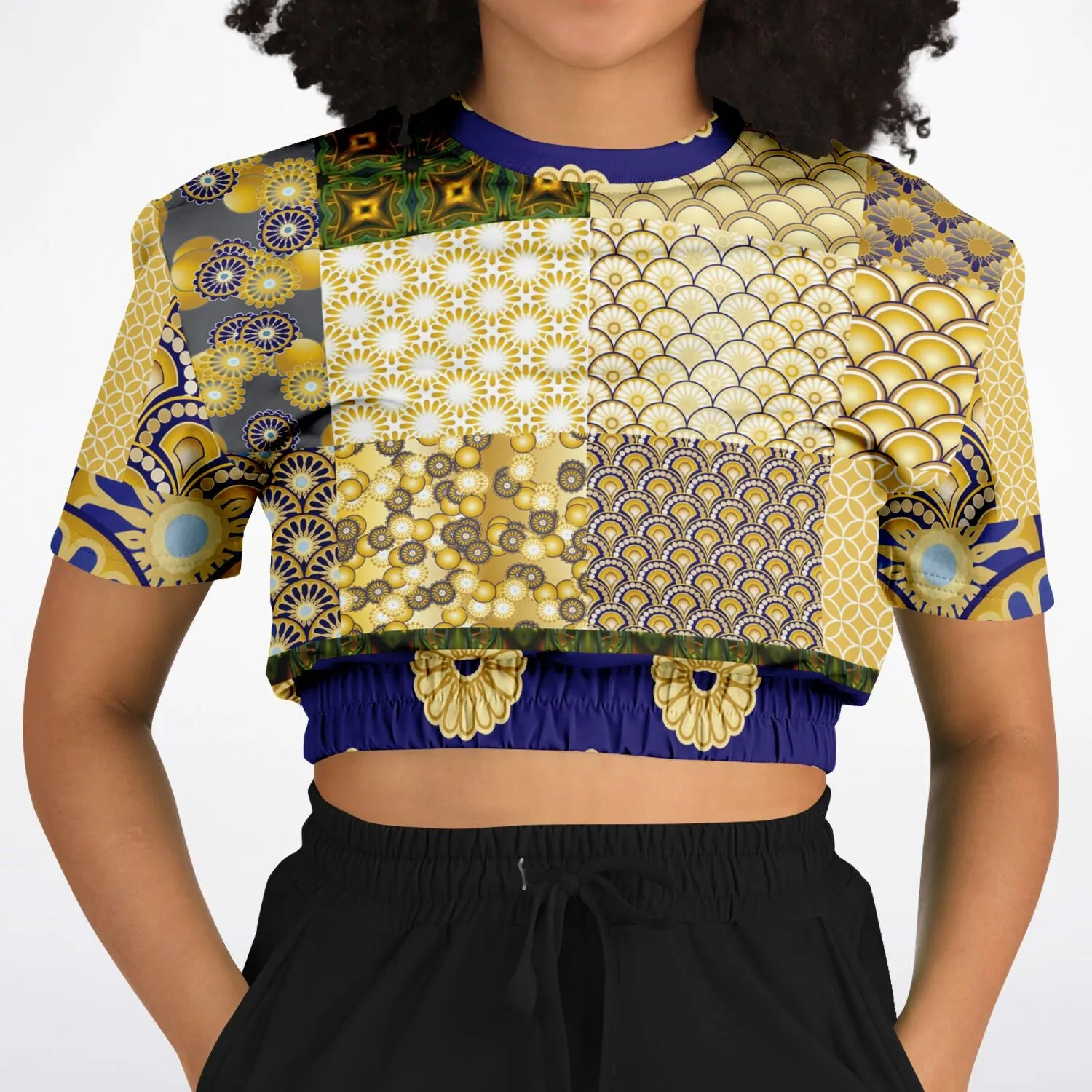 Forever Royale Floral Patchwork Short Sleeve Cropped Eco-Poly Sweater