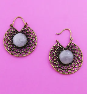 Geo Mandala Rose Quartz Inlay Brass Earrings/Hangers