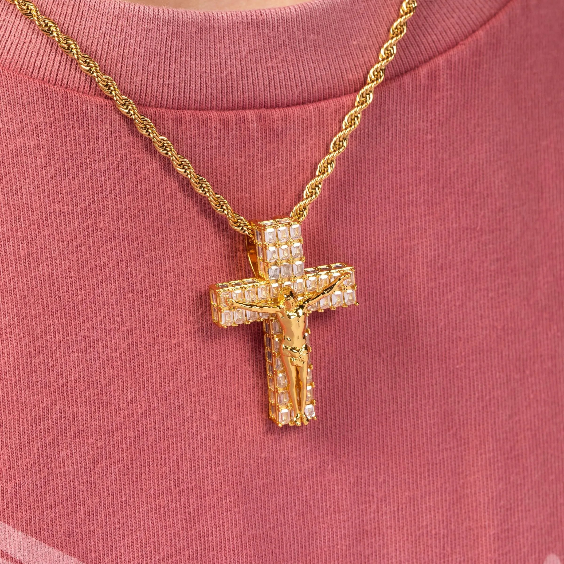 Gold Gods Gold Baguette Flooded Crucifix Cross & Chain