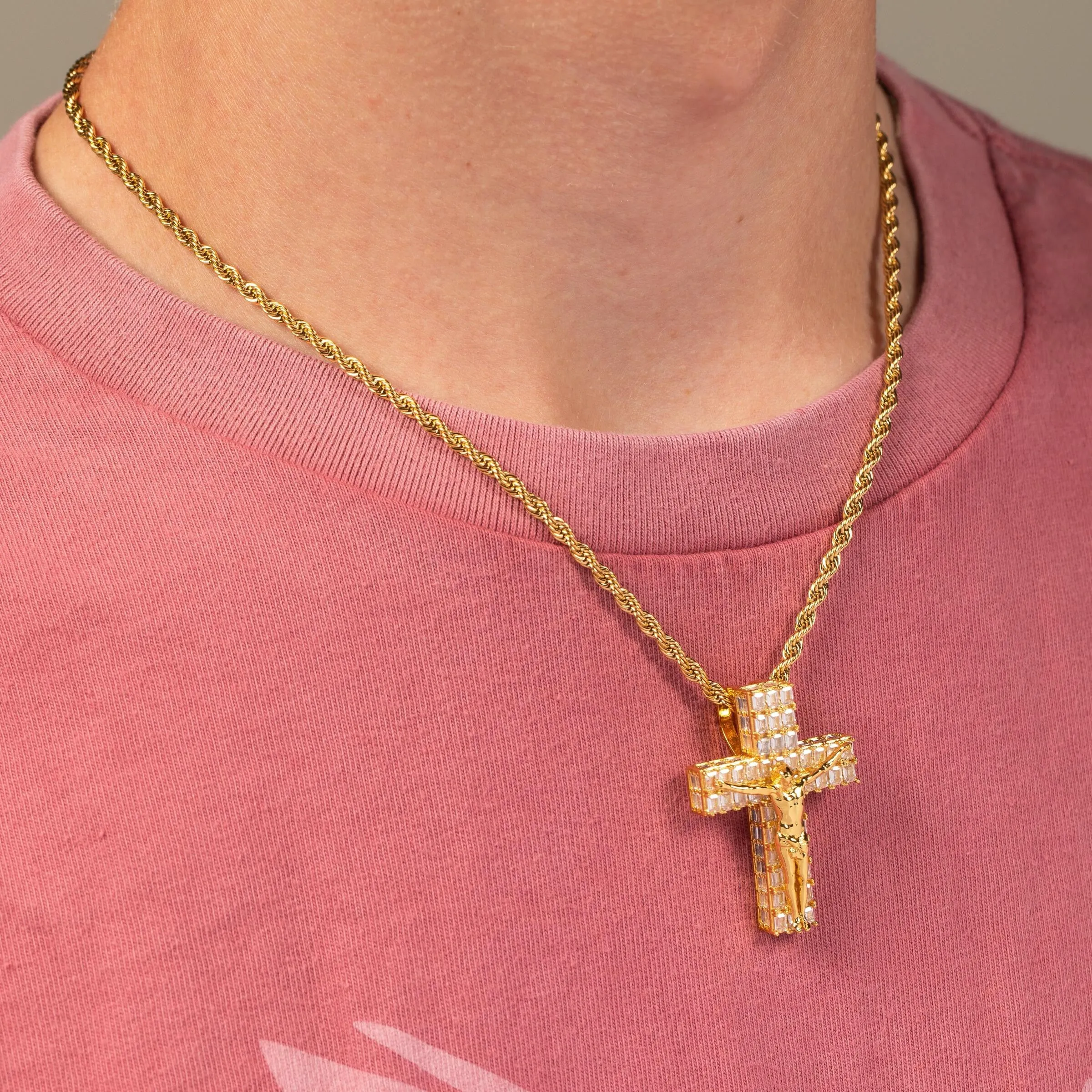 Gold Gods Gold Baguette Flooded Crucifix Cross & Chain