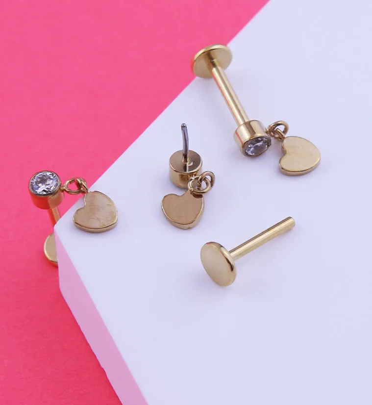 Gold PVD Heart Dangle Clear CZ Titanium Threadless Labret