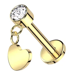 Gold PVD Heart Dangle Clear CZ Titanium Threadless Labret