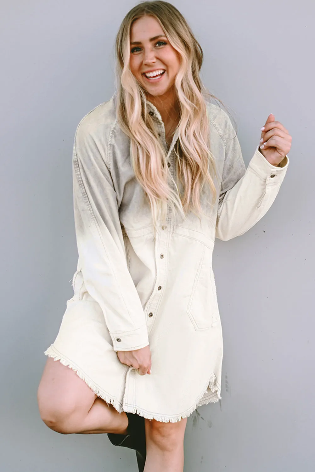 Gray Gradient Long Sleeve Button Up Raw Hem Denim Dress