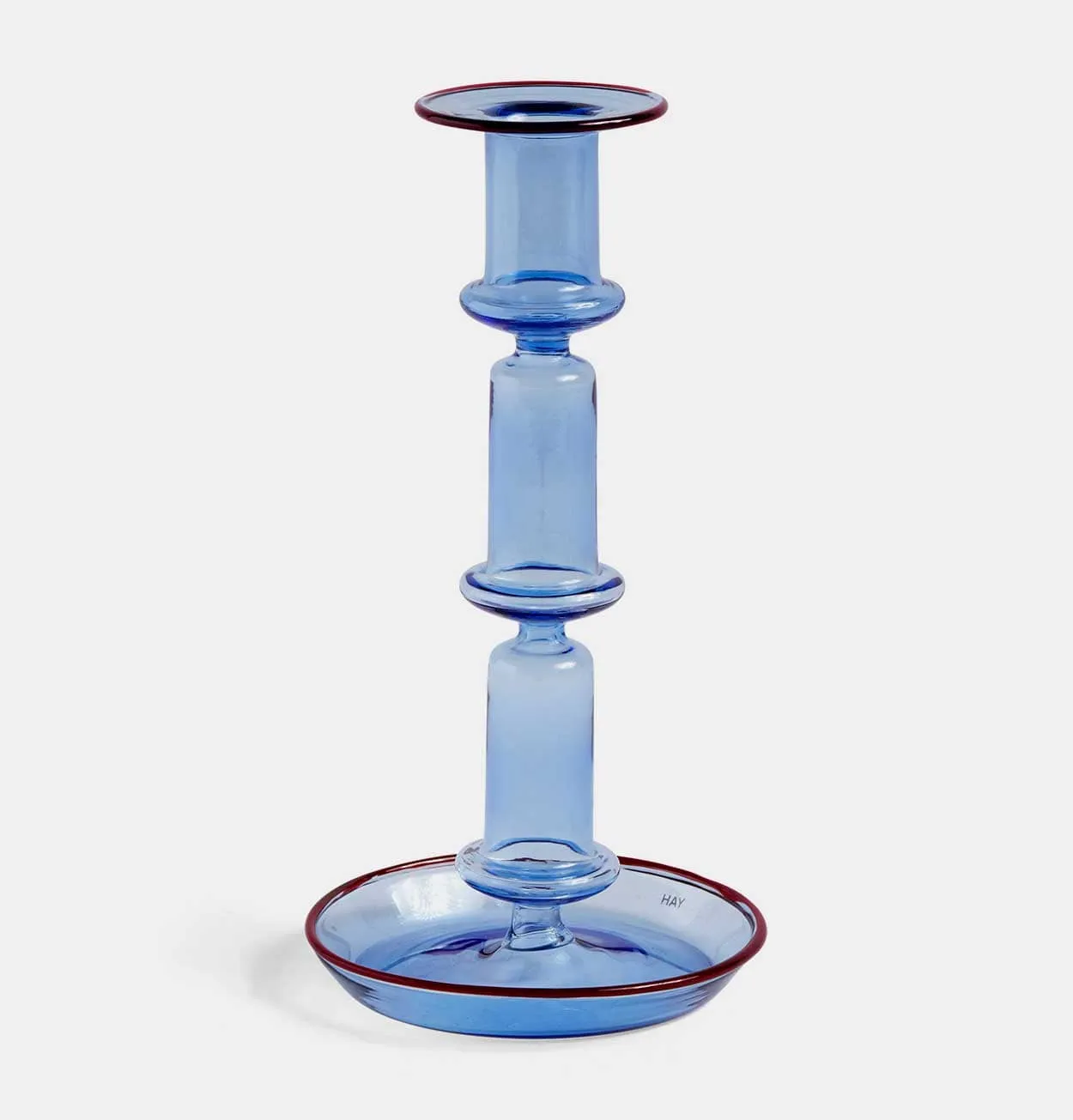 HAY Flare Tall Candle Holder in Light Blue with Red Rim