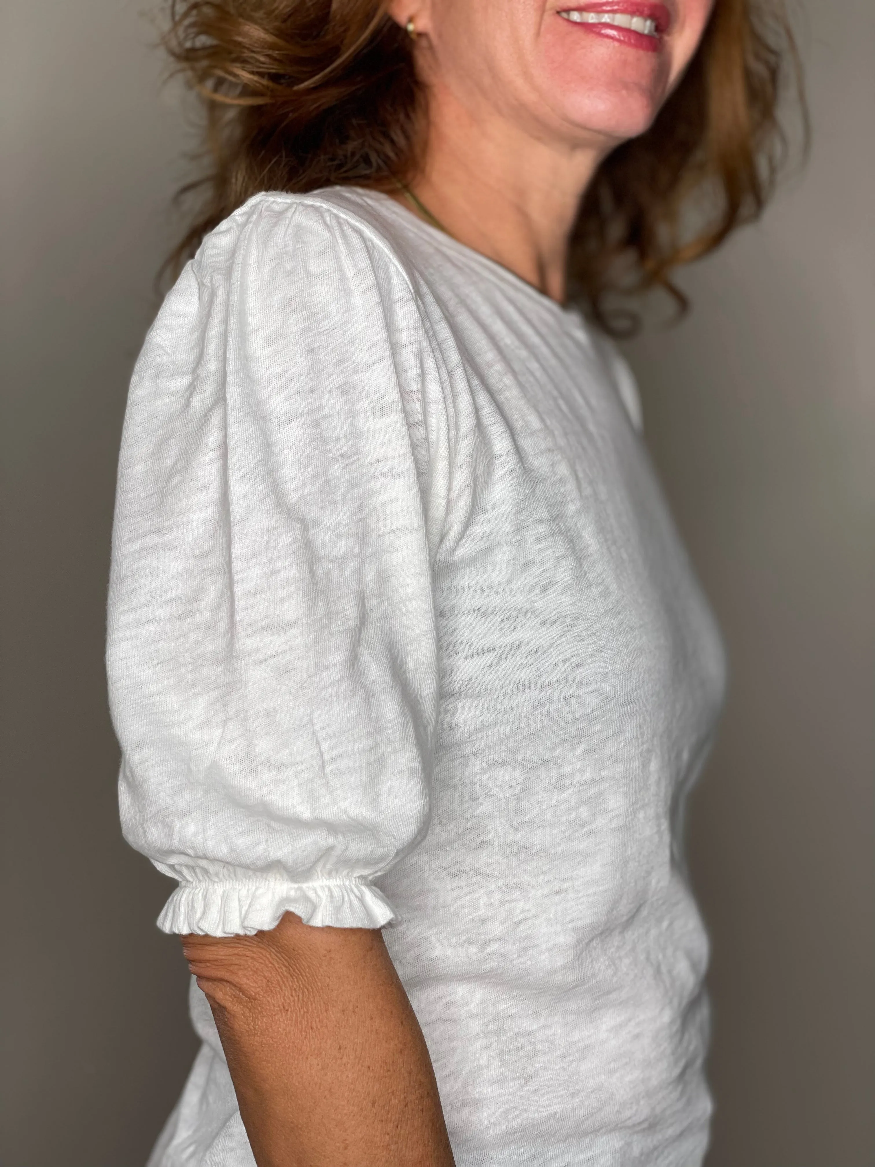 Hello Nite Smocked Sleeve Tee in White