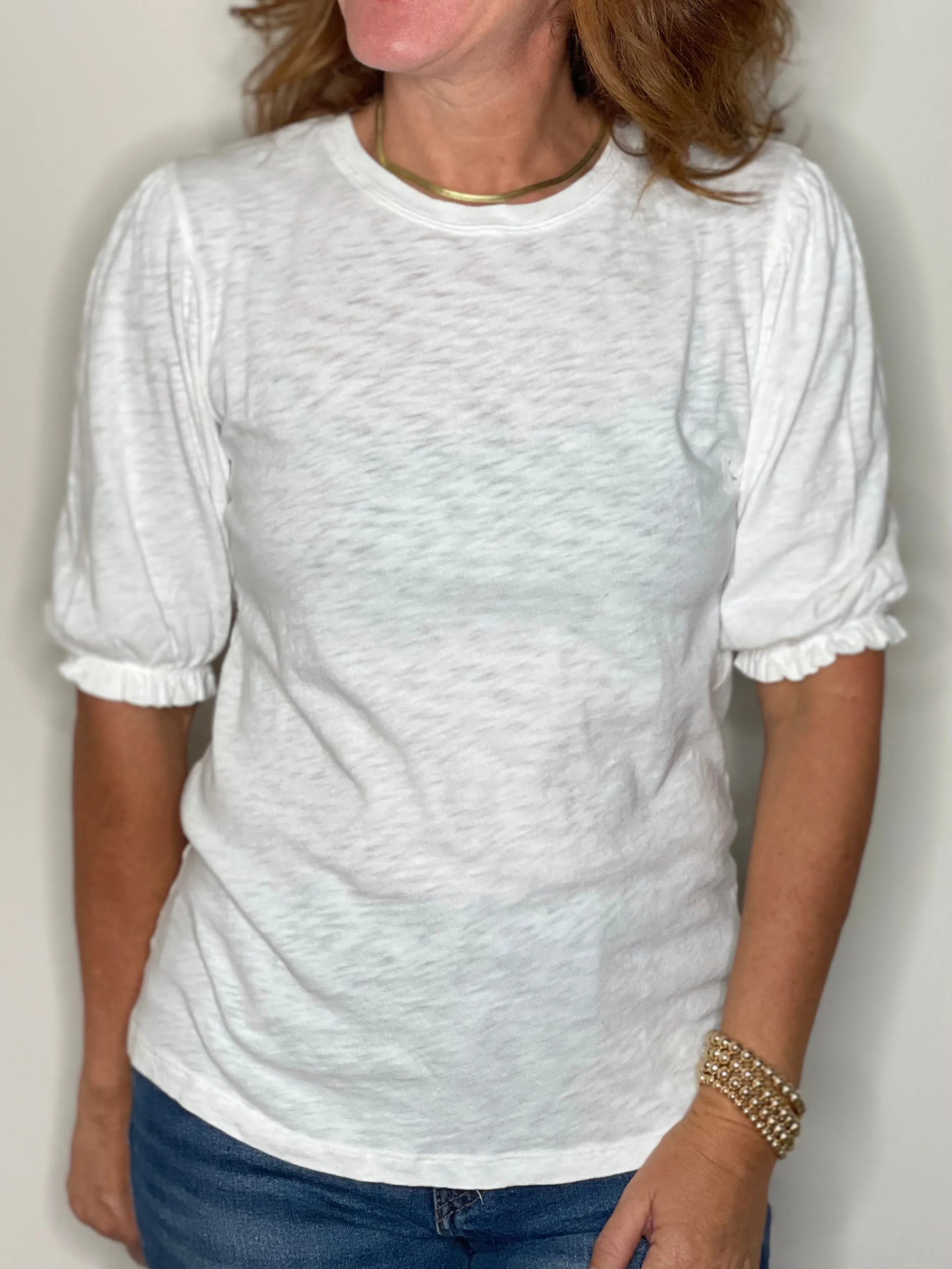 Hello Nite Smocked Sleeve Tee in White