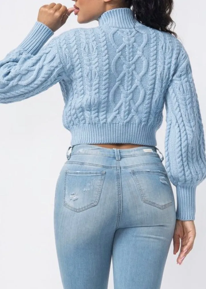 Hera Collection Turtle Neck Crop Cable Sweater (Baby Blue) 22574