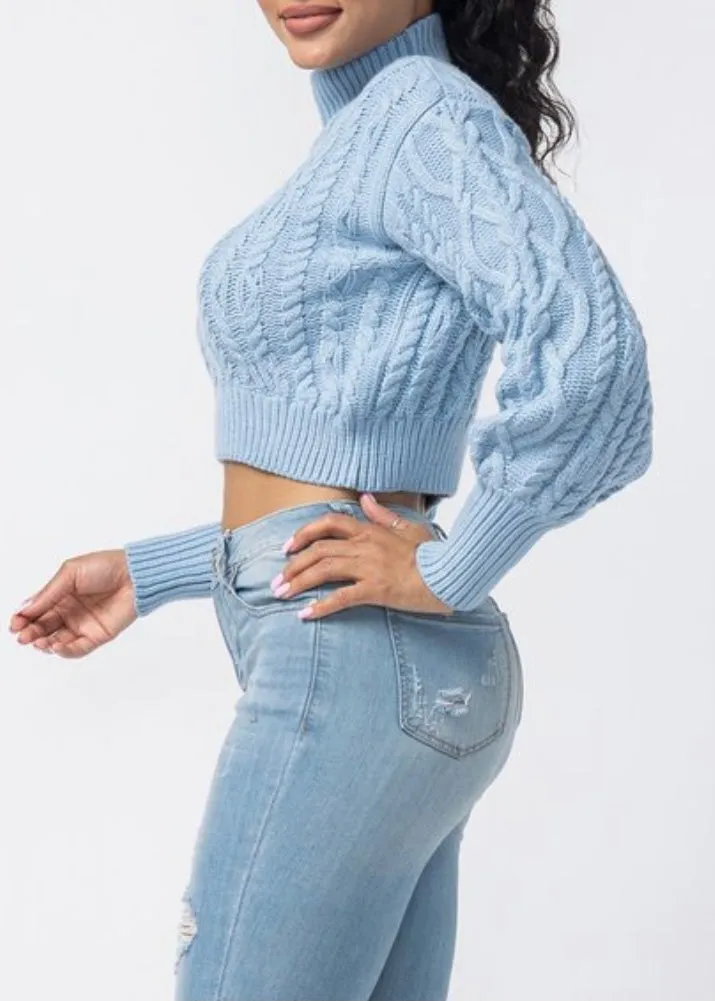 Hera Collection Turtle Neck Crop Cable Sweater (Baby Blue) 22574