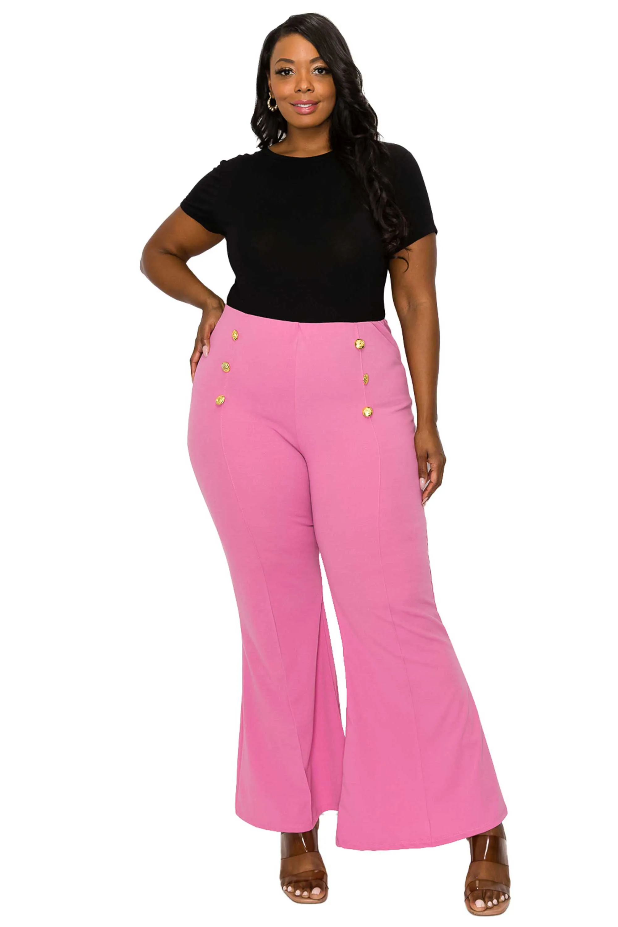 High Waisted Button Detail Flare Pants