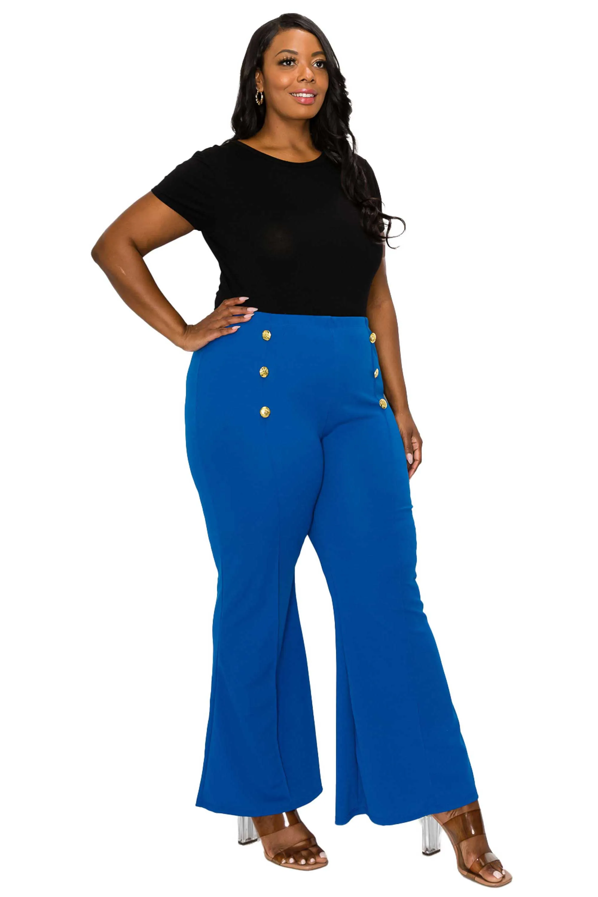 High Waisted Button Detail Flare Pants