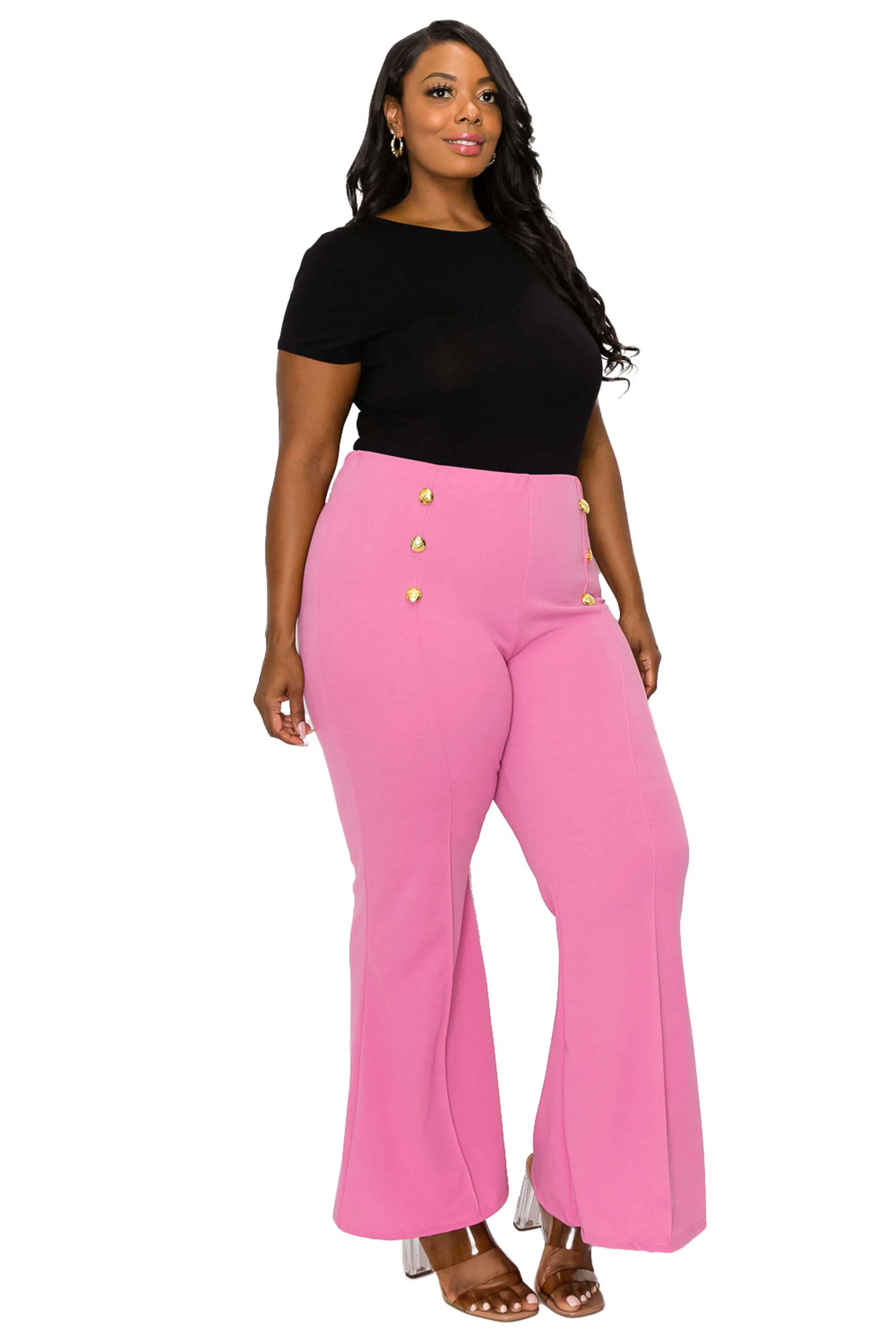 High Waisted Button Detail Flare Pants