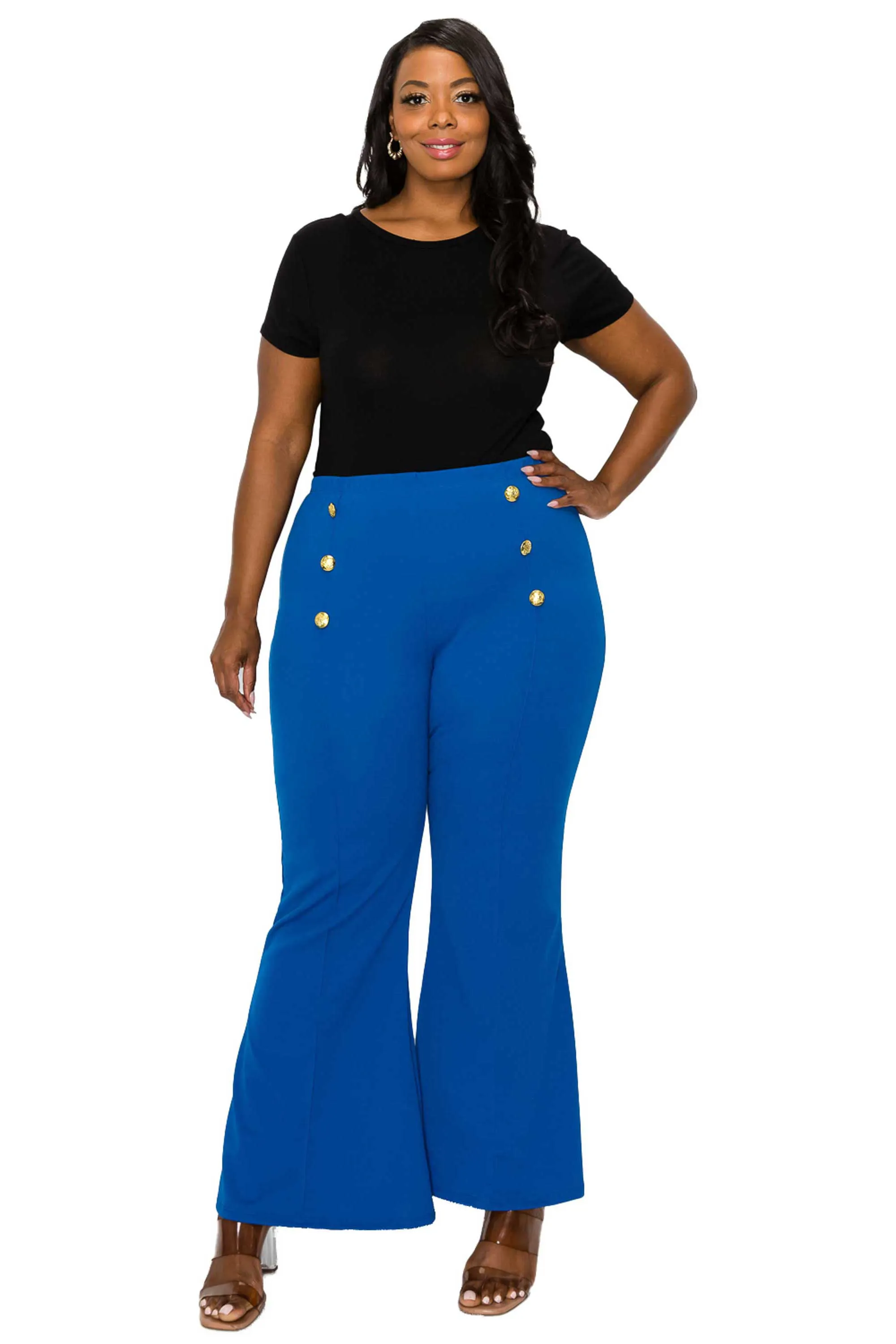 High Waisted Button Detail Flare Pants