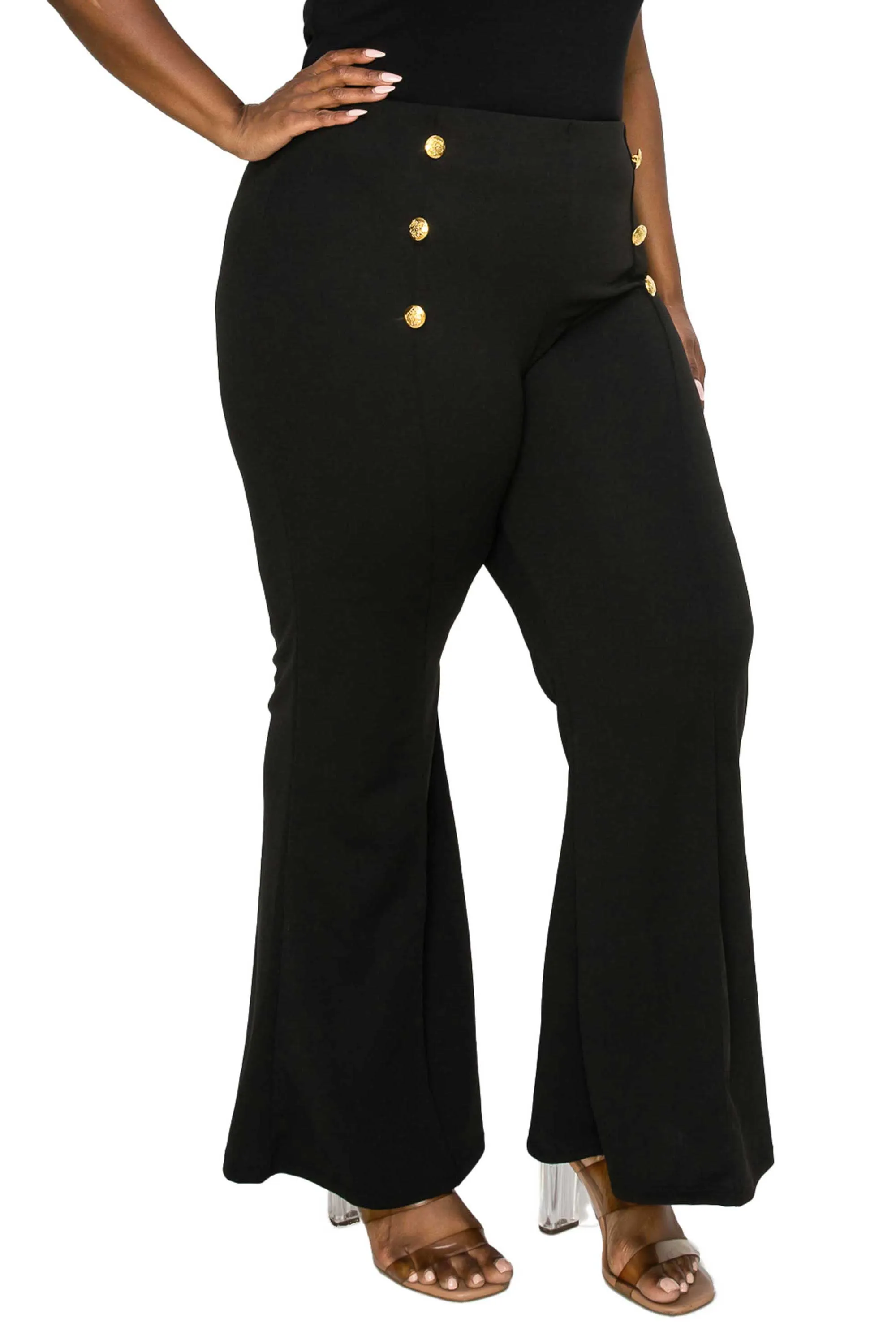 High Waisted Button Detail Flare Pants