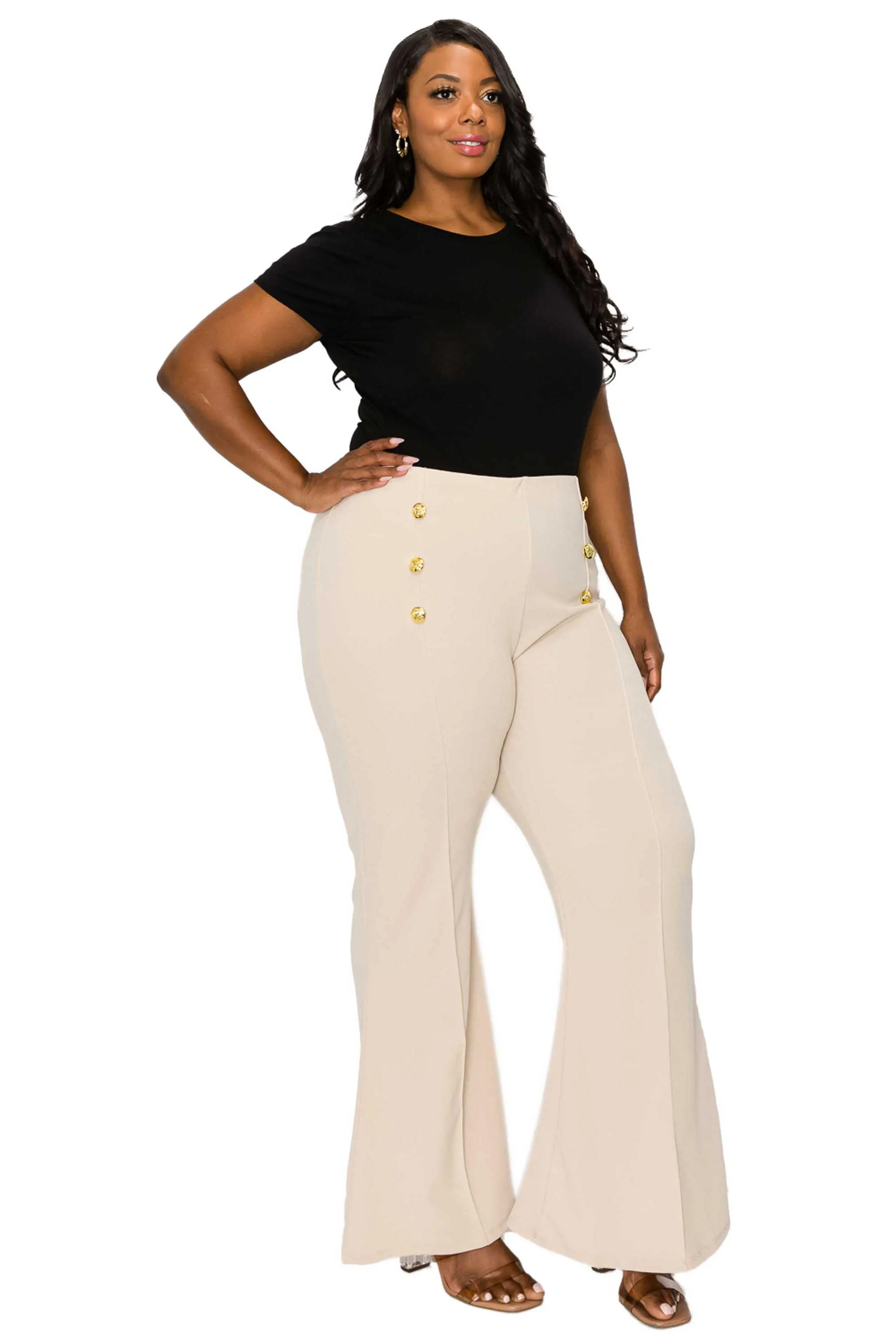 High Waisted Button Detail Flare Pants