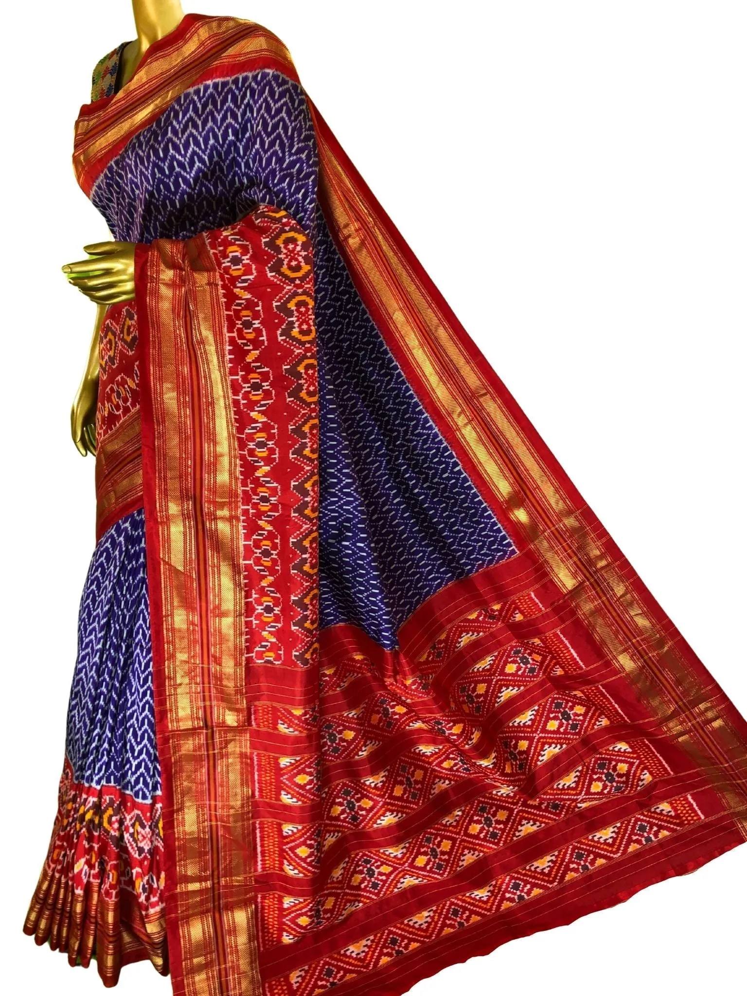 Indigo Blue and Red Color Pure Ikat Silk Saree with Broad Border