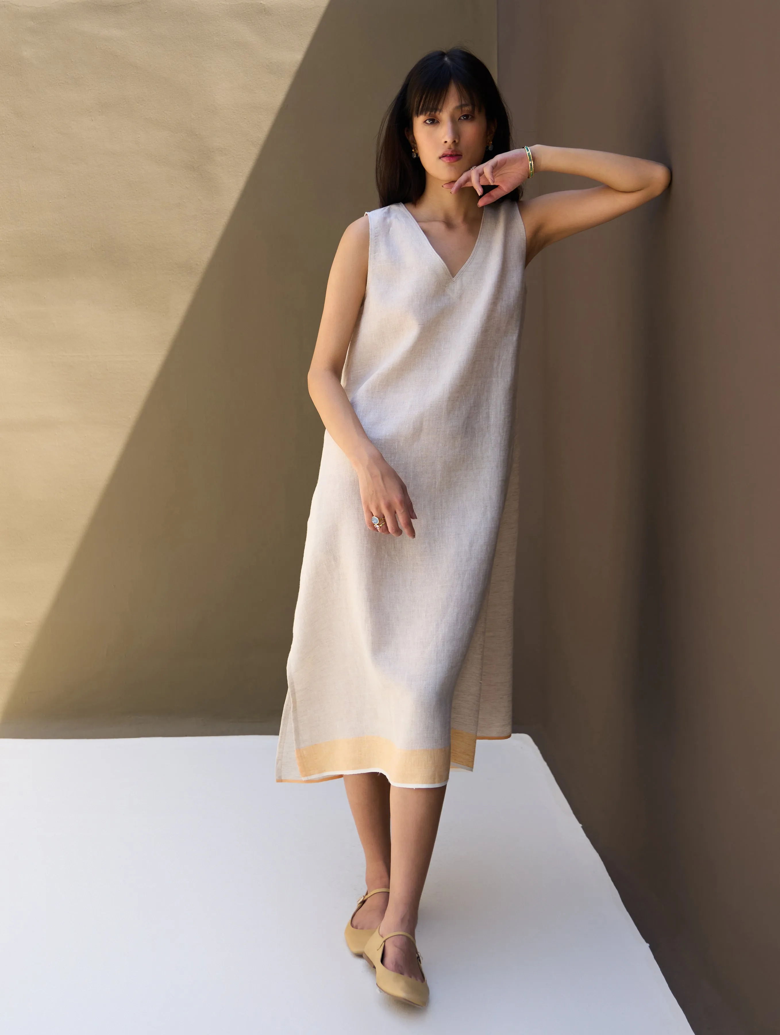 Jin Border Linen Dress - Natural