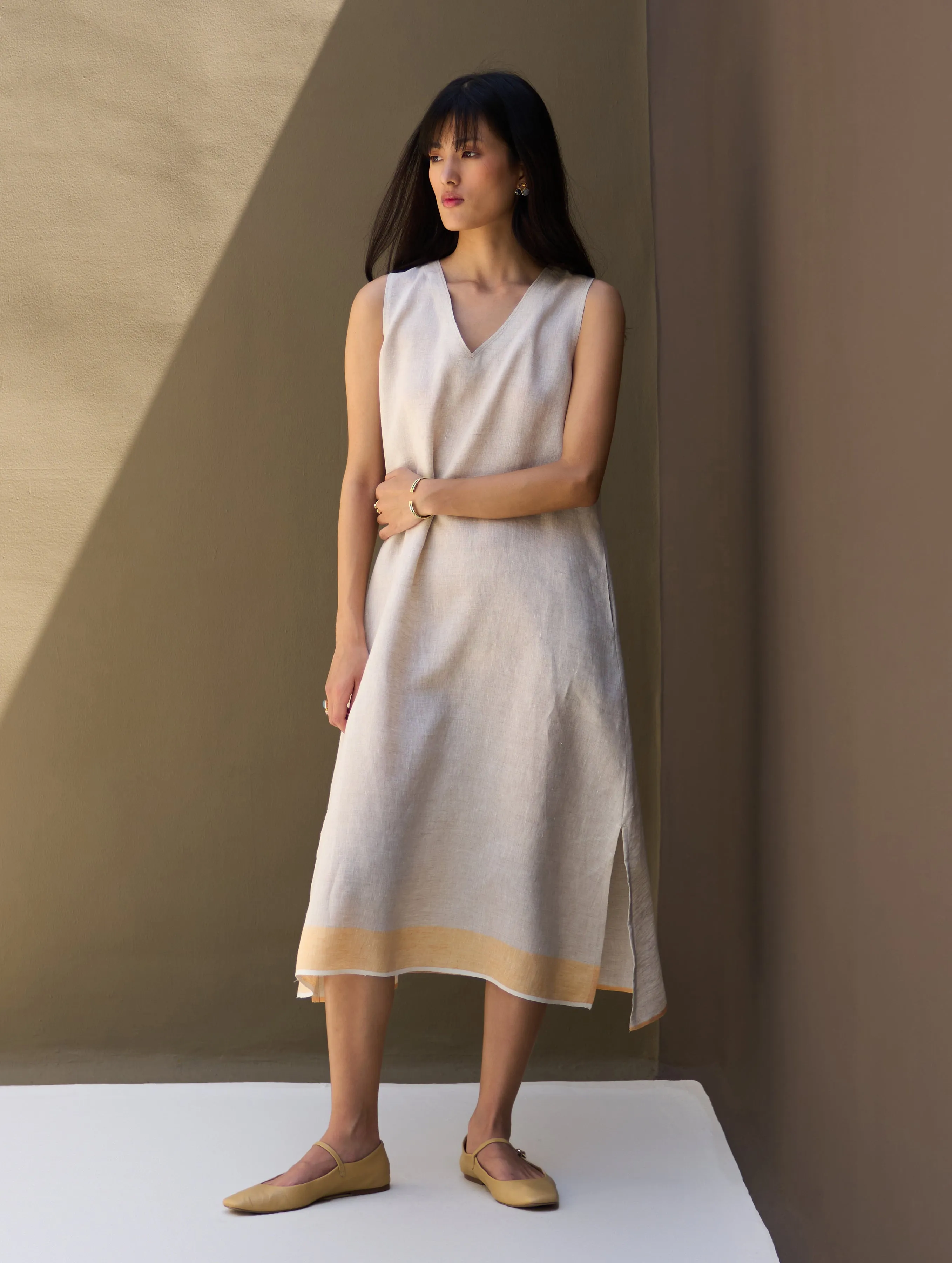 Jin Border Linen Dress - Natural