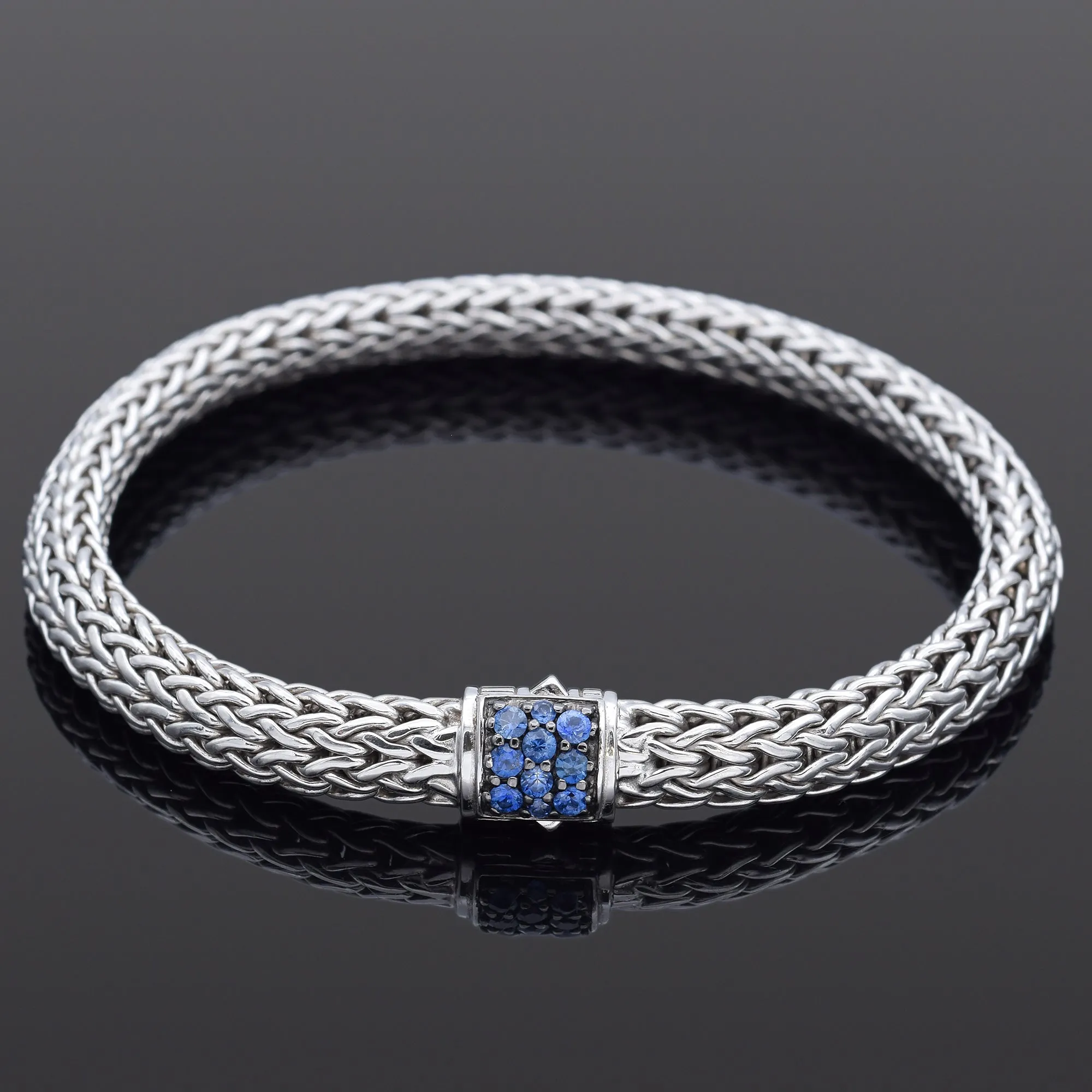 John Hardy Sterling Silver Sapphire Classic Chain 6.5 mm Bracelet   Pouch