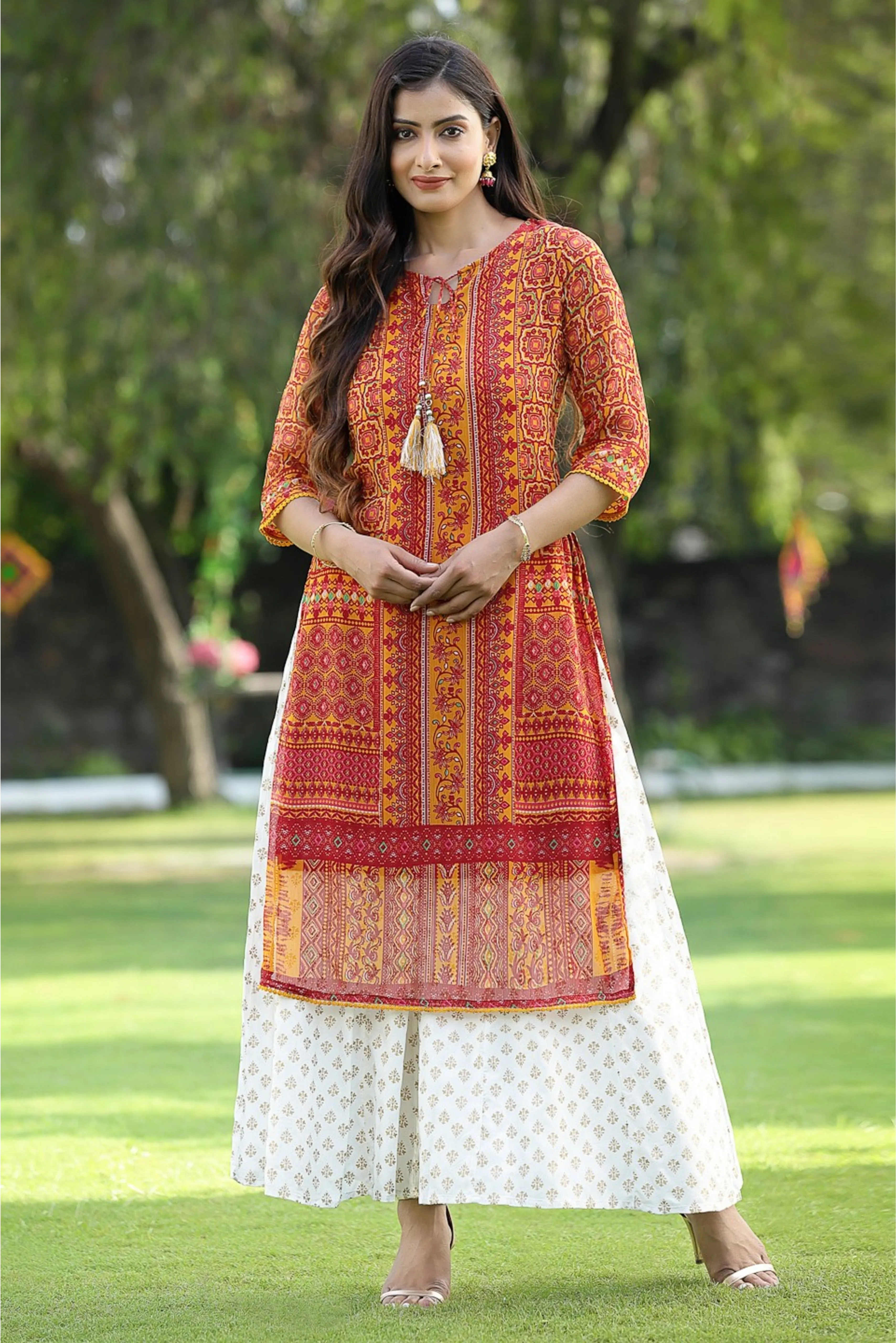 Juniper Mustard Chiffon Ethnic Motif Printed Straight Kurta With Tie-Ups