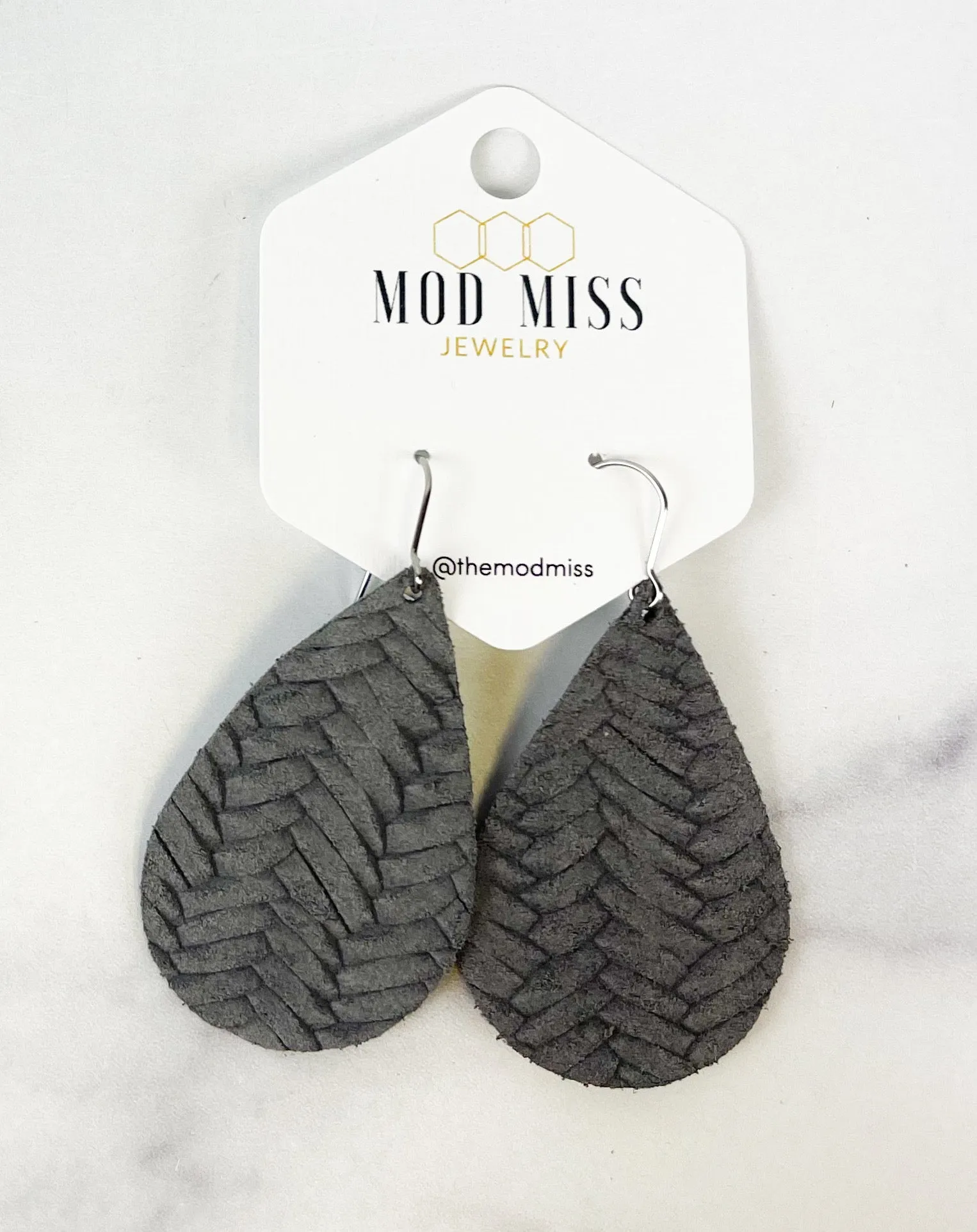 Leather Teardrop Earring Weaved Slate Gray