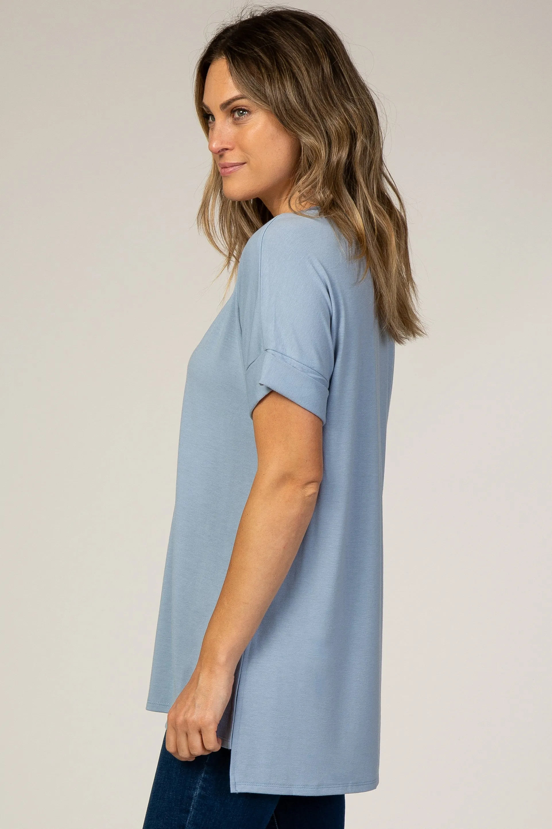 Light Blue V-Neck Cuffed Short Sleeve Top