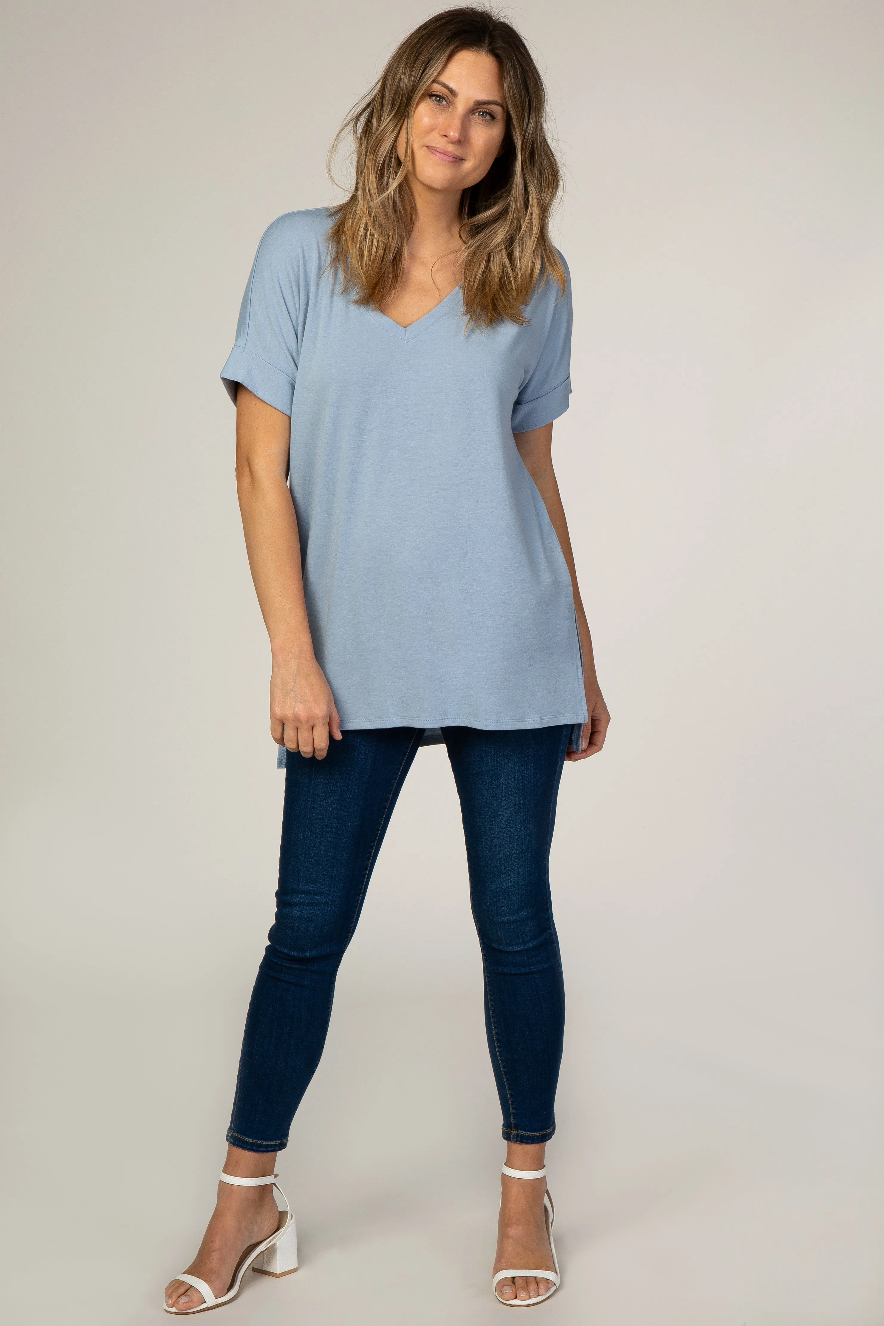 Light Blue V-Neck Cuffed Short Sleeve Top