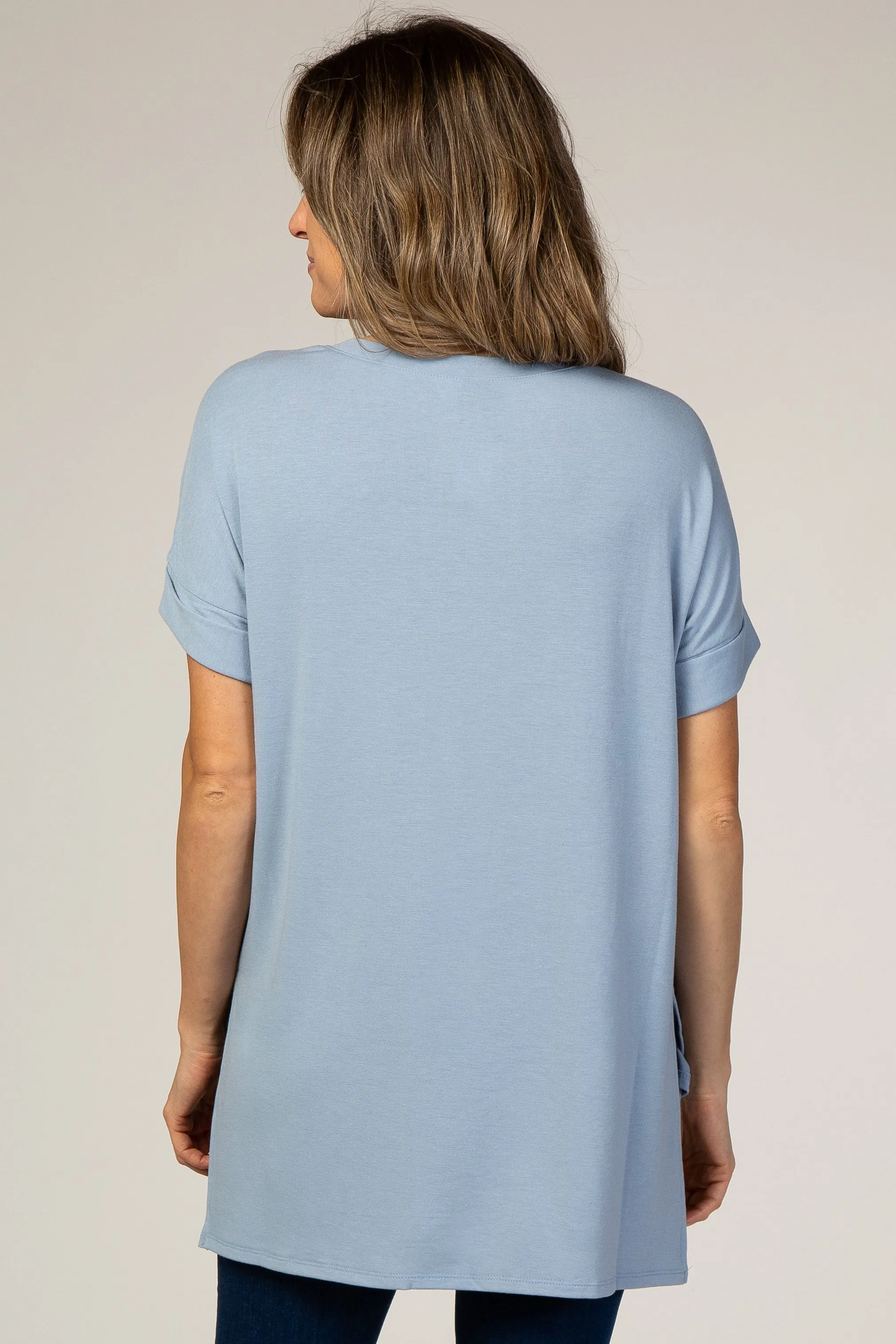 Light Blue V-Neck Cuffed Short Sleeve Top