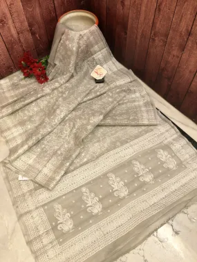 Light Grey Color Designer Organza Saree with Chikankari