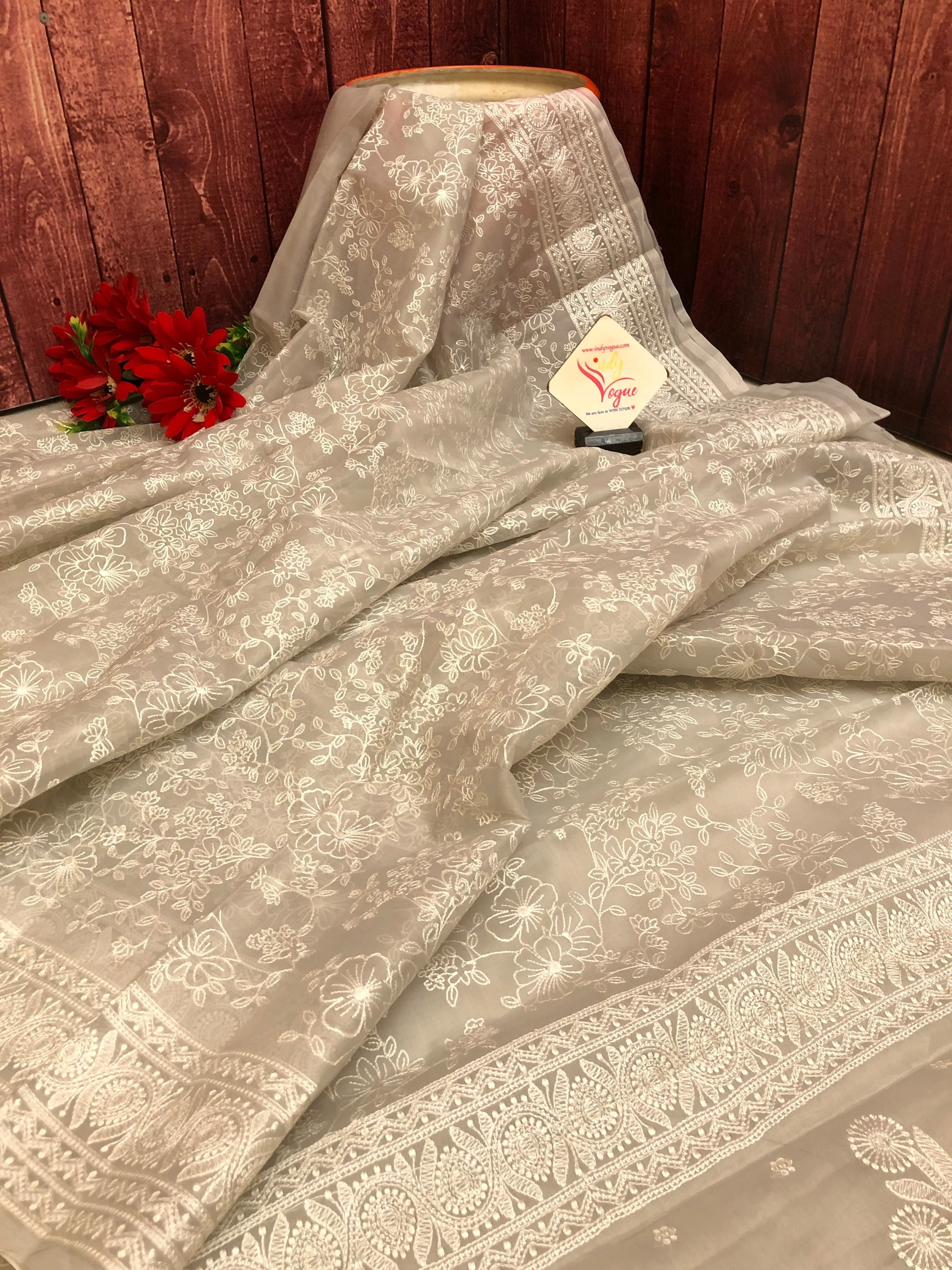 Light Grey Color Designer Organza Saree with Chikankari